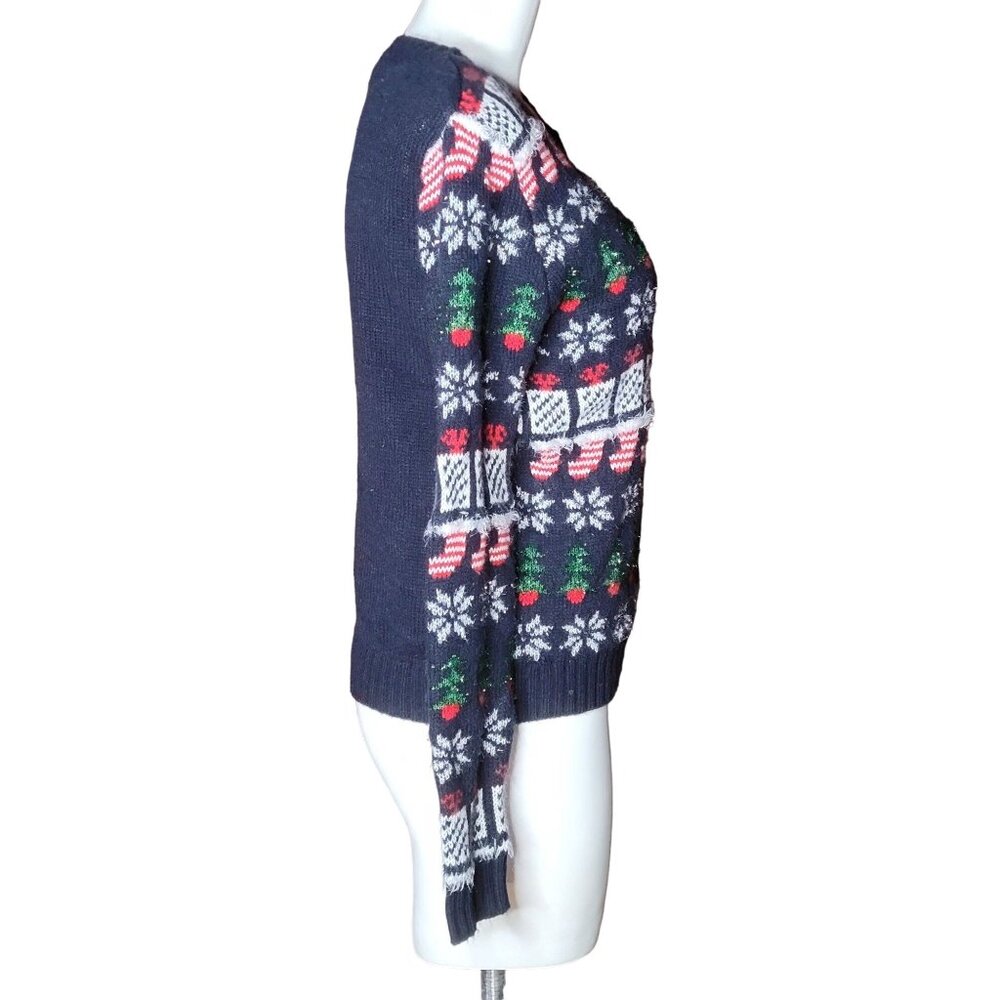 Almost Famous Womens Holiday Christmas Sweater XL Red Blue Tree Stocking Pattern - Picture 3 of 5